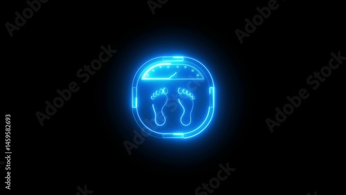 Glowing blue neon weighing scale icon with footprints on black background
