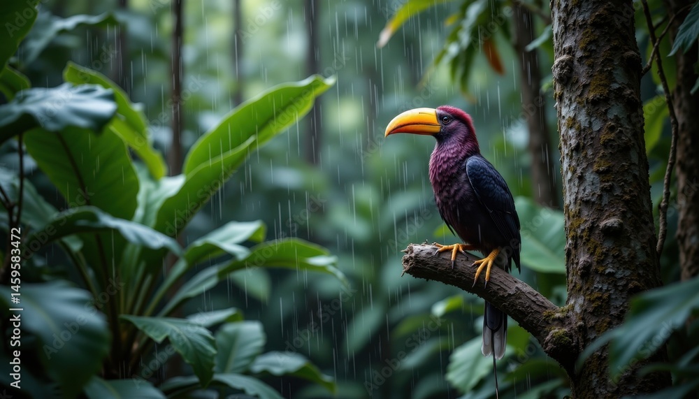 Naklejka premium A colorful hornbill perches on a branch in a lush, rainy tropical rainforest surrounded by vibrant green foliage.