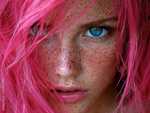 Close-up portrait of a young woman with vibrant pink hair and striking blue eyes, adorned with freckles across her face.  Her intense gaze directly engages the viewer