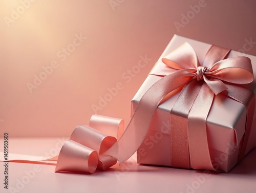 Close-up, shimmering gift boxes with delicate silk bows in gentle light , red, shiny, beautiful