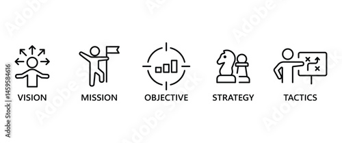 Icon set of VMOST Analysis stand for vision, mission, objectives, strategy and tactics banner. Vector illustration in transparent background. Flat icon set.