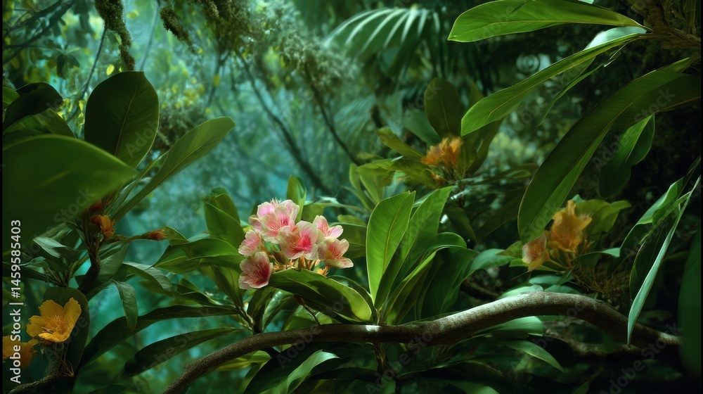 Fototapeta premium Lush Tropical Jungle with Colorful Orchids and Vibrant Foliage