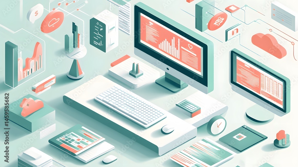 Multi-layered isometric view of a modern workstation. Multi-layered isometric view of a modern workstation.
