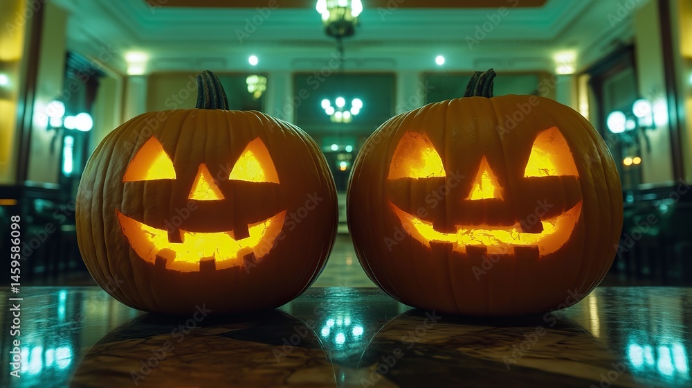 Fototapeta premium Halloween Horror Scene: Glowing Grinning Pumpkins in Empty Hotel Lobby with Dramatic Overhead Lighting. Hyper-Realistic Wide-Angle Composition for Game Assets, Spooky Decorations