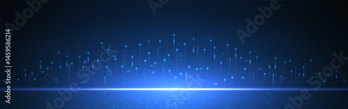 Technology growth background. Circuit with glowing lines, binary code and digital data flow on dark blue. Rising arrows up for futuristic, innovation or software themes. Vector Illustration.