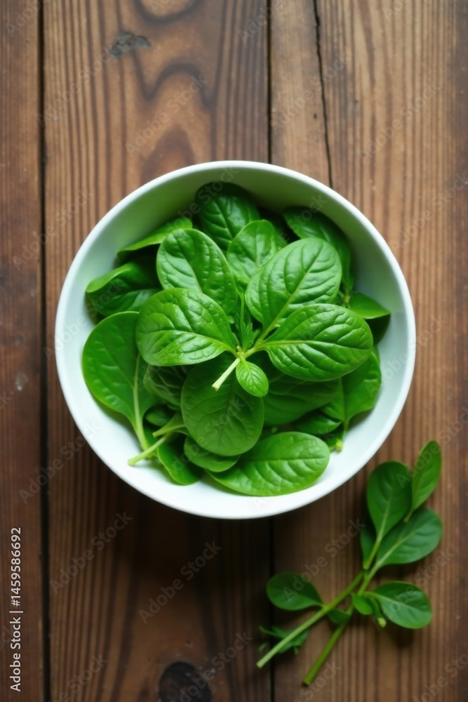 A bowl of vibrant green leafy vegetables on a rustic wooden surface A bowl of vibrant green leafy vegetables on a rustic wooden surface