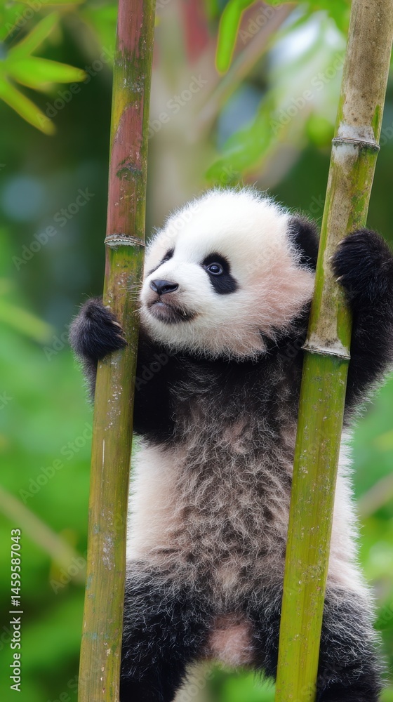 Fototapeta premium Adorable Baby Panda Climbing Bamboo in a Lush Green Habitat