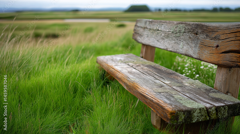 Fototapeta premium Weathered wooden bench in a green grassy field