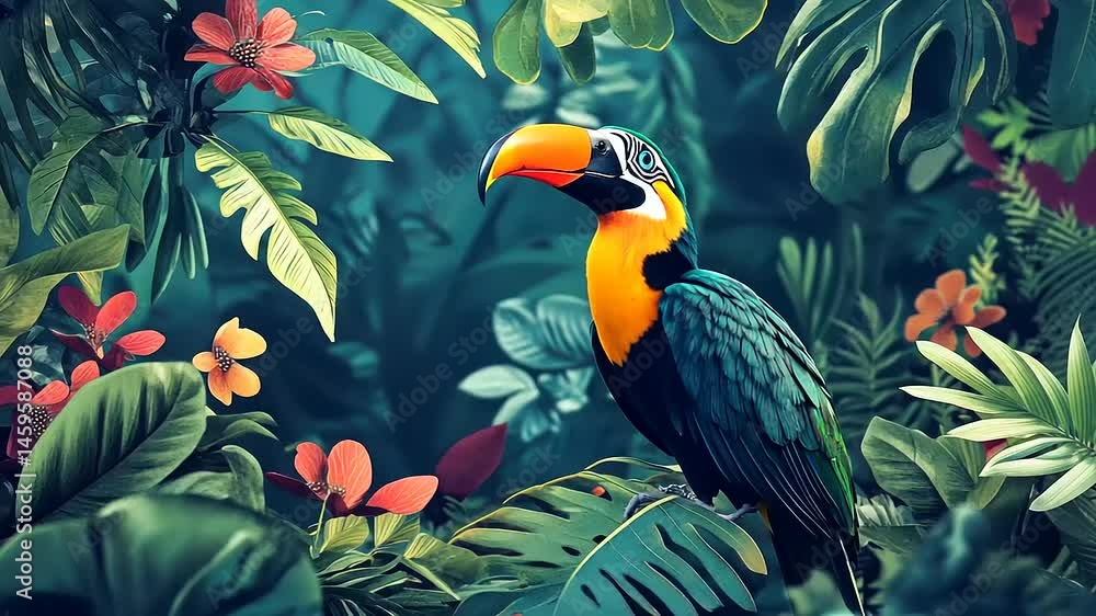 Exotic toucan surrounded by foliage and hibiscus tropical paradise vibrant fauna Exotic toucan surrounded by foliage and hibiscus tropical paradise vibrant fauna