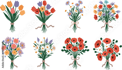 Flower bouquets. Garden blossoming flowers with stem and leaves, floral bouquet. Various cartoon romantic flowering plant for Woman and Mother day.