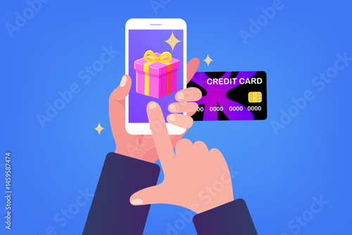 hand holding smartphone with paid for online shopping by credit card. holding a credit card in on hand and cash in the other, smart spending. 
