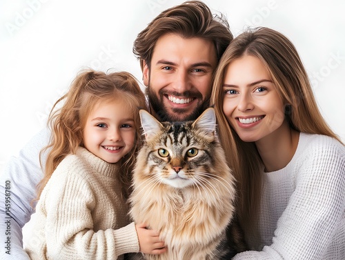 Experience the joy of family love in this heartwarming close-up of a smiling family with their cat. Radiating happiness, they create unforgettable memories together against a bright backdrop.