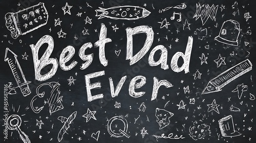 Chalkboard art with best dad ever text and doodle drawings of stars and various objects