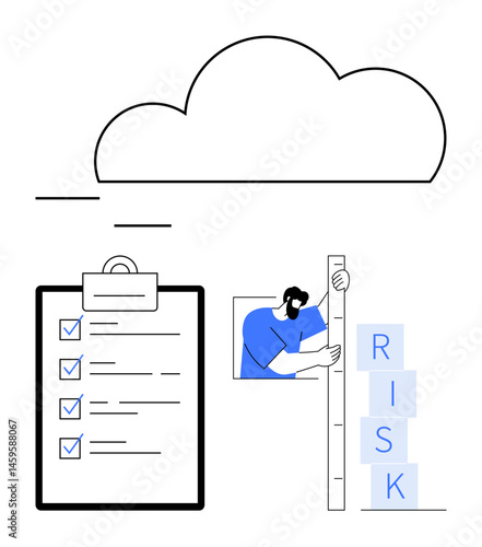 Clipboard with checklist, person measuring risk blocks, cloud above. Ideal for risk management, problem solving, task planning, strategy, business solution, decision making simple landing page