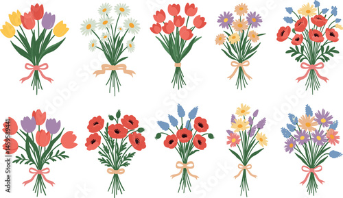 Flower bouquets. Garden blossoming flowers with stem and leaves, floral bouquet. Various cartoon romantic flowering plant for Woman and Mother day.