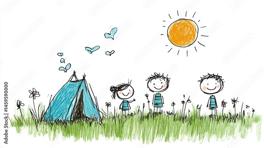 Happy Children Camping Outdoors Under Bright Sun and Colorful Butterflies