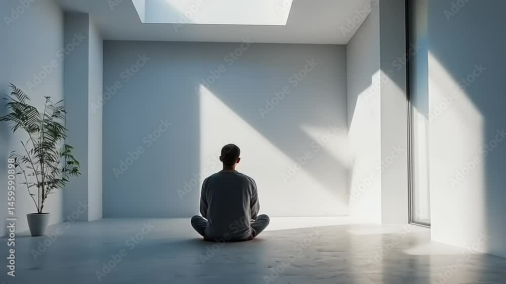 A person meditating in a minimalist room with natural light streaming through a skylight A person meditating in a minimalist room with natural light streaming through a skylight