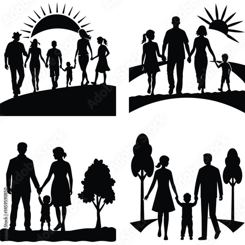 Silhouette Family Graphic Walking Together Hand In Hand Outdoors Vector Illustration