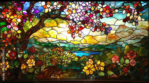 A stained glass window with a tree and flowers