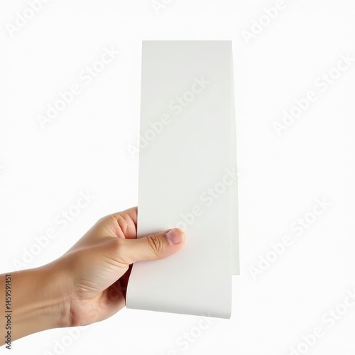 Hand holding a shopping receipt, close-up, white background, clear paper, large copy space to the right.

