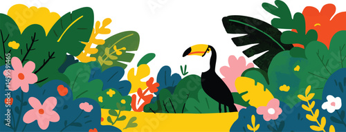 An exquisite Toucan perched amidst vibrant foliage, showcasing a lively illustration style. The artwork encapsulates the lushness of a tropical landscape.Floral border with field flowers. Botanical 