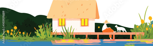 A tranquil scene of a lakeside cottage, a simple life in a serene environment. The cartoon captures a moment of peace and serenity.border, frame border, frame, border isolated, 