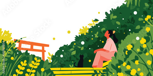A moment of serene contemplation as a person sits harmoniously with a black cat in a vibrant botanical scene, with symbolic gateway and lush plants surrounding them.border, frame border, frame, border