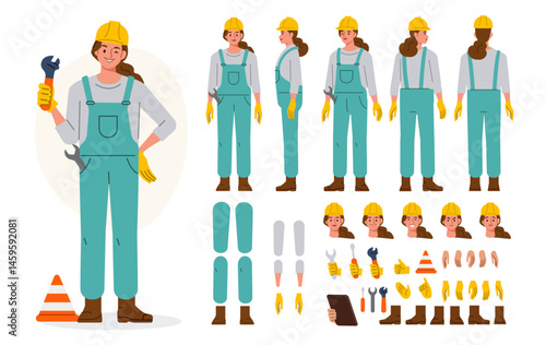 Industrial technician worker wearing helmet, overall uniform holding wrench tool. Character for animation. Front, side and back view set. Body parts, postures, poses collection. Vector illustration.