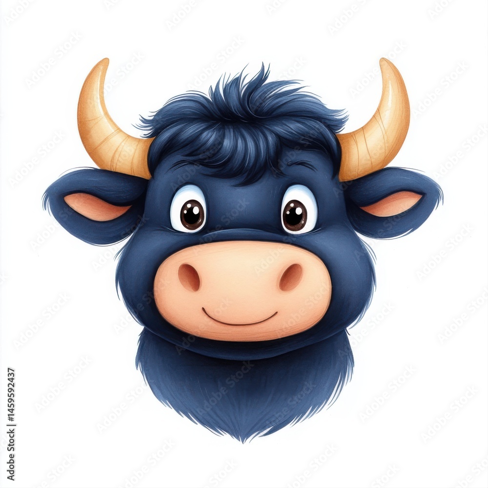 Cute Cartoon Bull Face with Big Eyes and Cheerful Expression