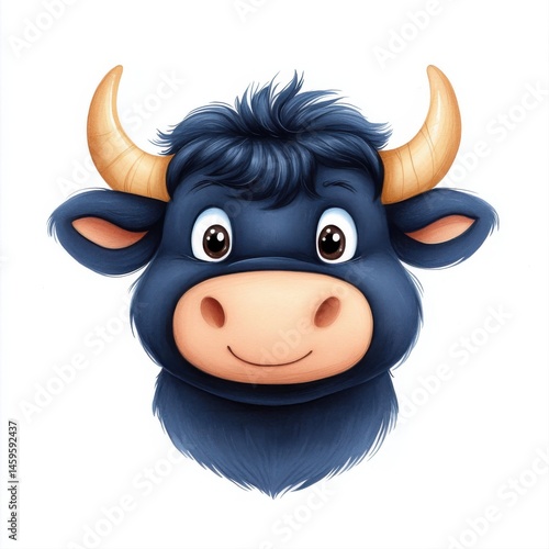Obraz na płótnie Cute Cartoon Bull Face with Big Eyes and Cheerful Expression w salonie