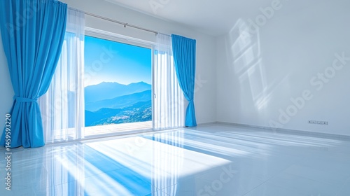 Bright room interior with mountain view and blue curtains