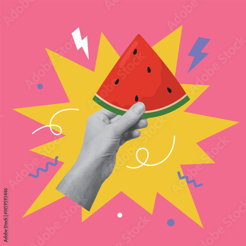 Collage design with hand holding watermelon slice. Summertime, vacations concept. Vector illustration