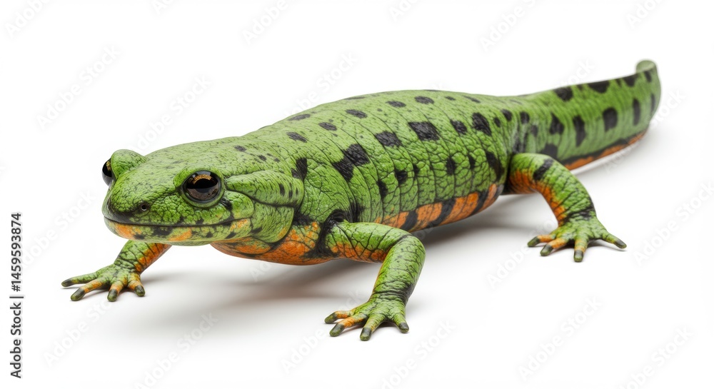 Naklejka premium Close-up studio shot of a vibrant green and orange Kaiser's spotted newt with black spots showcasing intricate skin texture against a clean white background, perfect for educational nature projects.