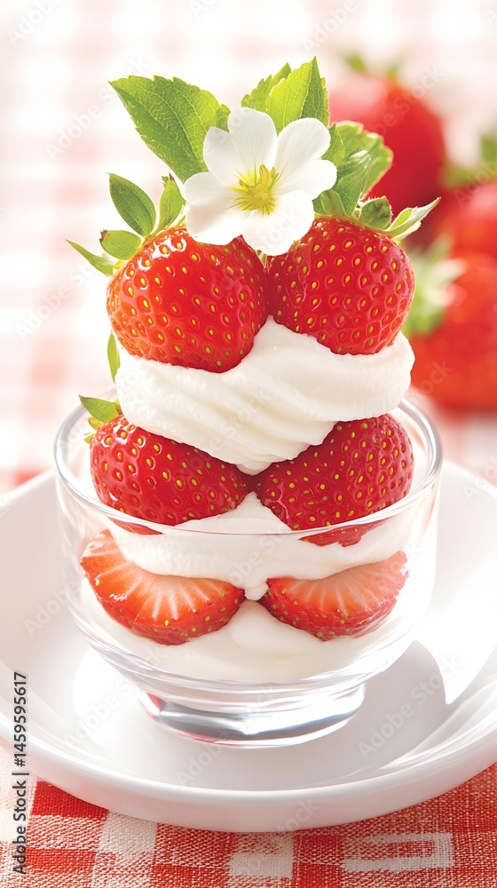 Layered strawberries and whipped cream dessert in a glass Layered strawberries and whipped cream dessert in a glass