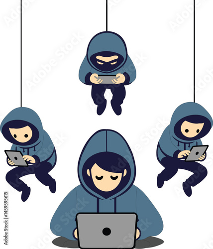 Hacker group hack computer devices network thief illustration clipart 