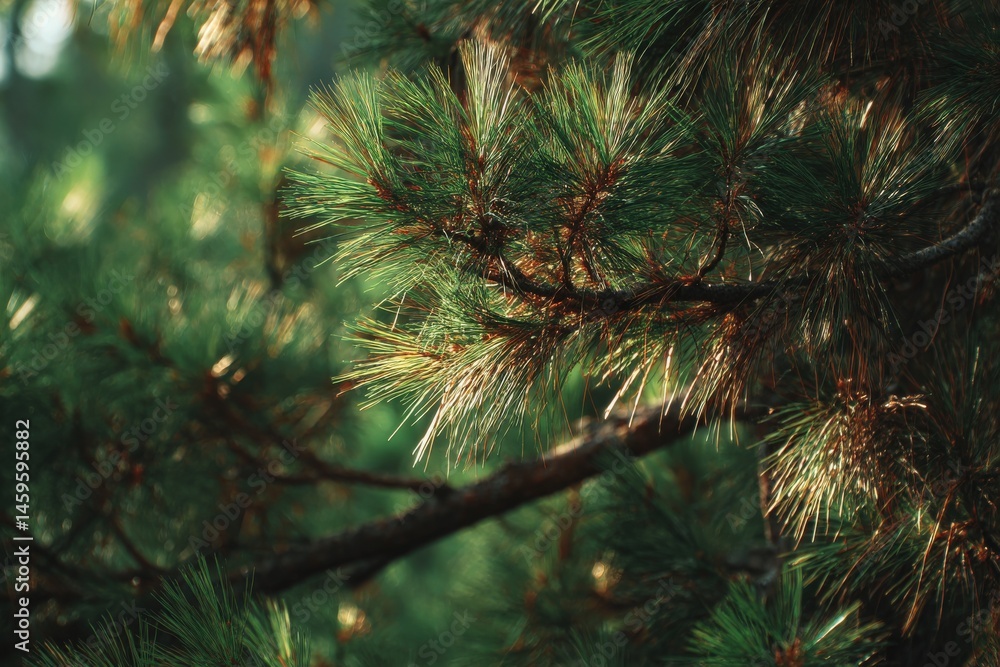 Sunlit pine needles in a lush forest. Deep greens and golden highlights. Sunlit pine needles in a lush forest. Deep greens and golden highlights.