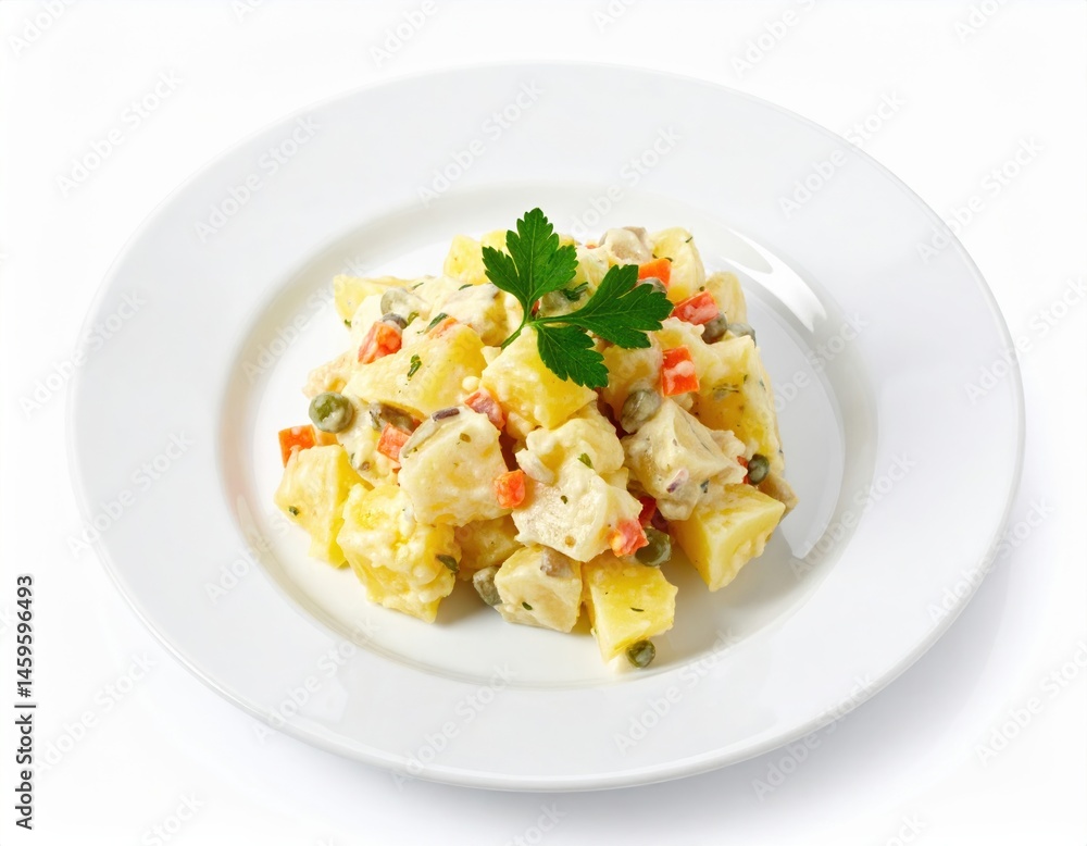 Creamy potato salad with mixed vegetables and parsley garnish on white plate Creamy potato salad with mixed vegetables and parsley garnish on white plate