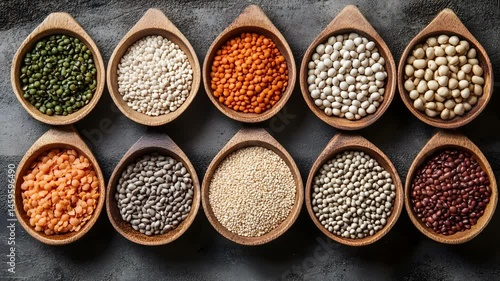 Assorted spices and grains arranged in multiple small bowls on a neutral or rustic surface. Natural, colorful ingredients used in home cooking.