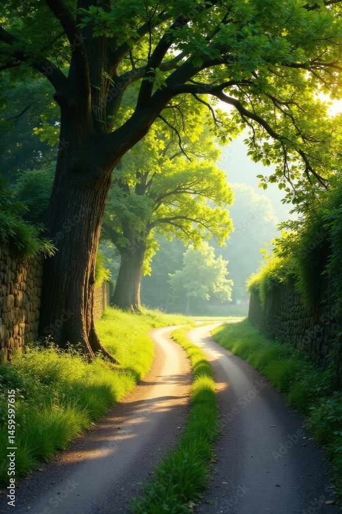 Naklejka premium Serene Pathway Winding Through Lush Greenery, Bathed in the Golden Light of Dawn