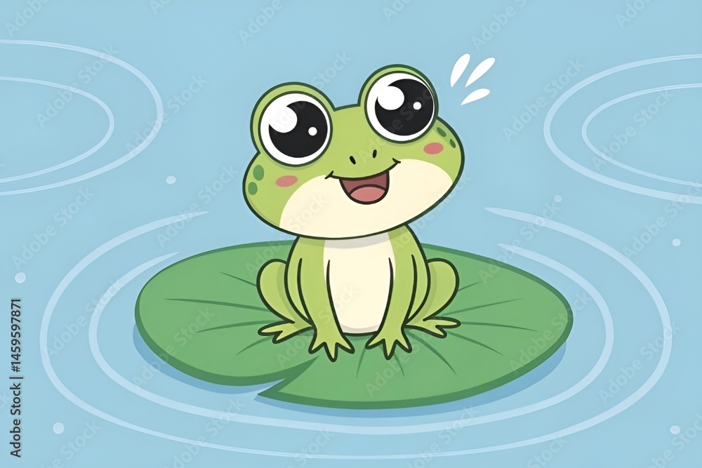 Fototapeta premium Cute Cartoon Green Frog on Lily Pad Illustration – Happy Frog Art in Calm Water