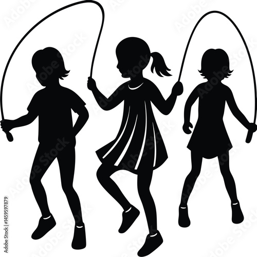 Three Silhouettes of Girls Jumping Rope Active Childhood Fun