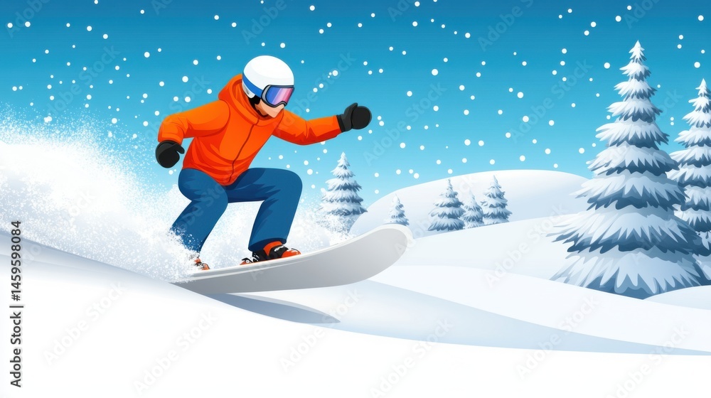 Enthusiastic Snowboarder Carving Through Fresh Powder on a Winter Day