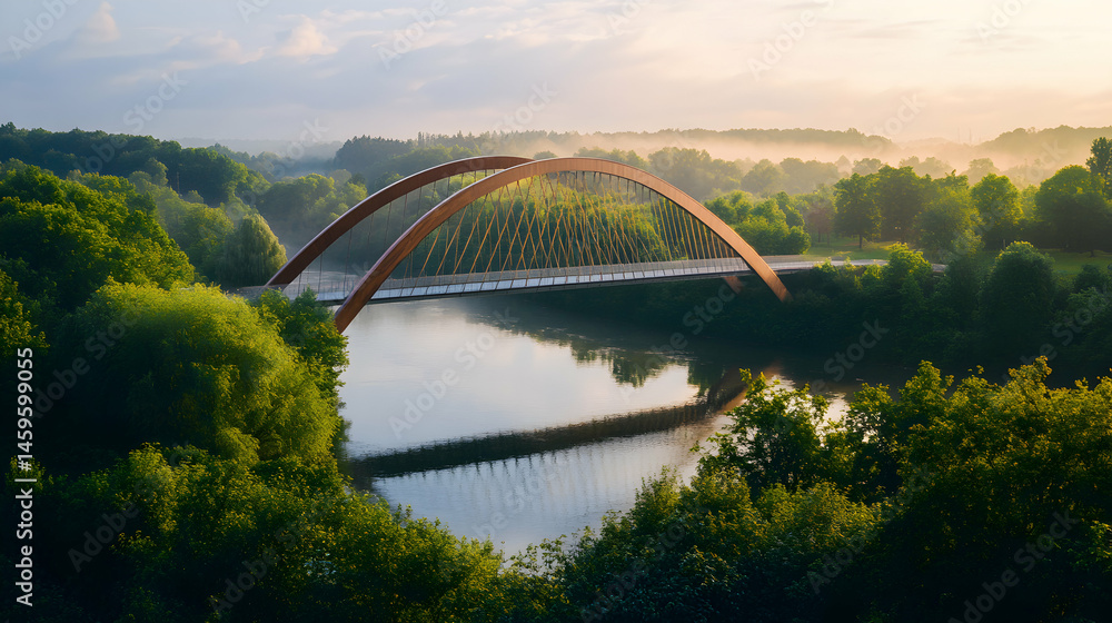 Fototapeta premium Arch Bridge over River at Sunrise Serene Landscape
