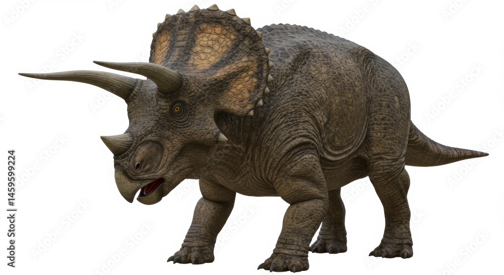 Obraz premium Detailed Triceratops Dinosaur Model Standing Tall on White Background A Prehistoric Creature of the Cretaceous Period with Horns and Frill