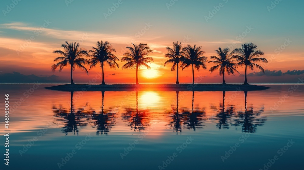 Obraz premium Silhouette palm trees on a tiny island at sunset. Peaceful reflection in still water