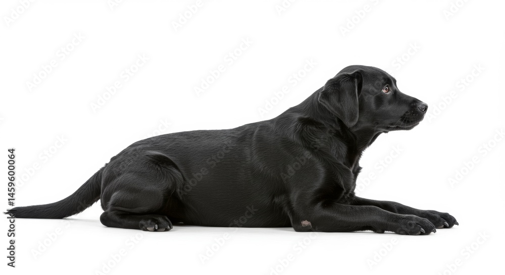 Obraz premium Elegant black Labrador Retriever puppy lying down gracefully on a white backdrop, showcasing its sleek coat and attentive gaze, perfect for pet-related designs and advertisements
