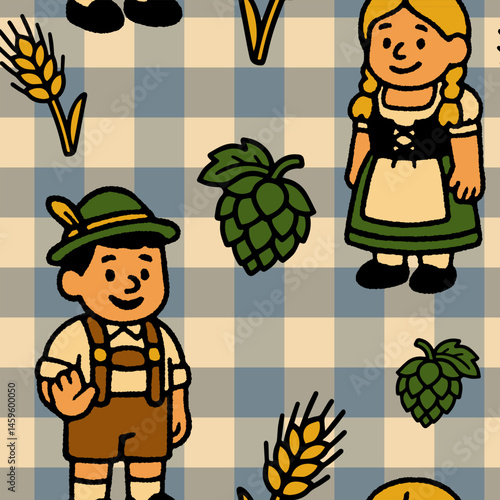 Colorful seamless background with traditional Oktoberfest symbols in naive flat style. Perfect for seasonal design, menus and festive decoration.