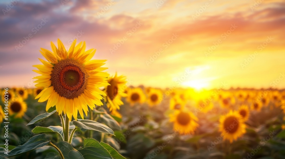 Fototapeta premium Breathtaking Sunrise Over a Field of Sunflowers in Golden Light