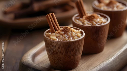 Creamy rice pudding served in a mug, garnished with star anise and cinnamon stick over a neutral background. Traditional, comforting and aromatic dessert.