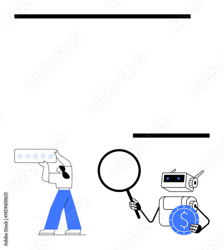 Customer service representative managing star rating feedback while robotic assistant inspects economic data. Ideal for technology, AI, fintech, customer support, data analysis, automation